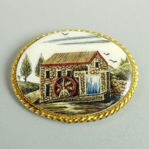 Vintage Verna Water Mill Oval Gold Filled Brooch, Signed Lapel Pin, Estate